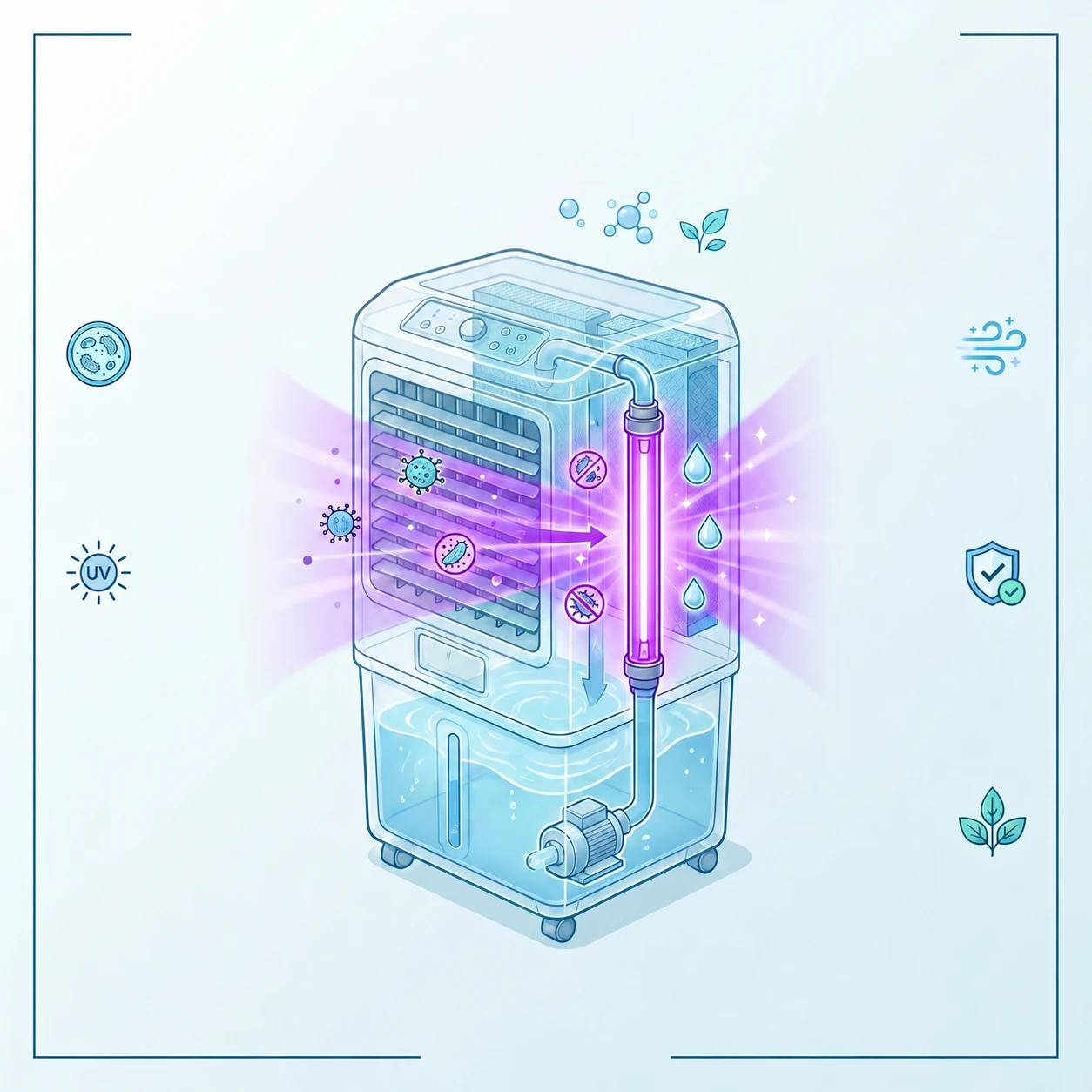 Ilustración de un climatizador evaporativo transparente con lámpara UV que desinfecta el agua antes de los paneles