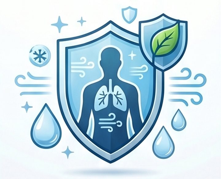 Ilustración: escudo con una persona que respira aire limpio y seguro, gotas de agua y una hoja verde