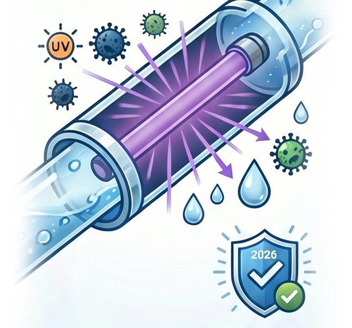 Ilustración: lámpara UV integrada que desinfecta el agua en circulación del climatizador evaporativo, con un escudo de tecnología 2026