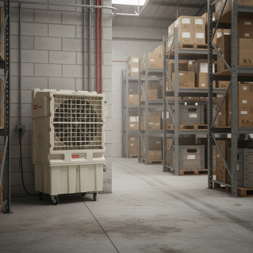 Climatizador evaporativo ECO-12000 en un almacén con estanterías de cajas