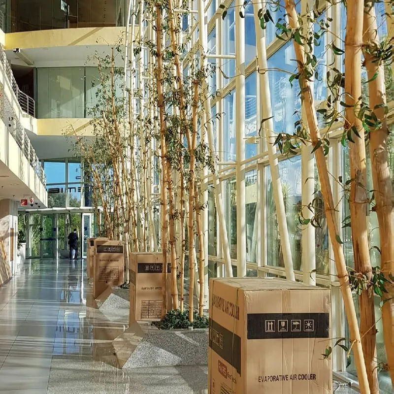 ECO-12000: cajas de climatizadores evaporativos PARS EcoTech en el vestíbulo acristalado de un edificio con bambúes