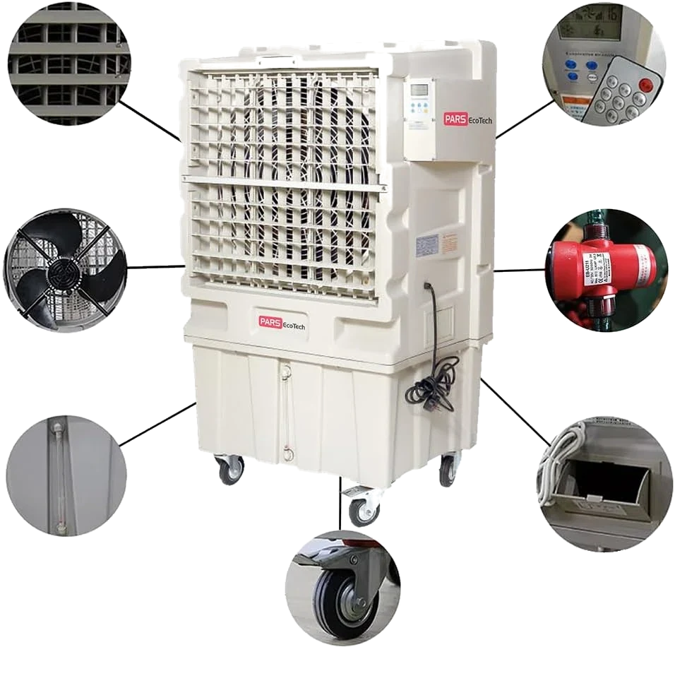 Climatizador evaporativo ECO-12000 visto de frente con siete fotos de detalle en círculos