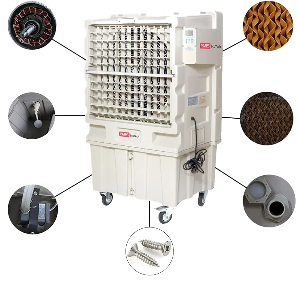 Climatizador evaporativo ECO-12000 visto por detrás con siete fotos de detalle en círculos