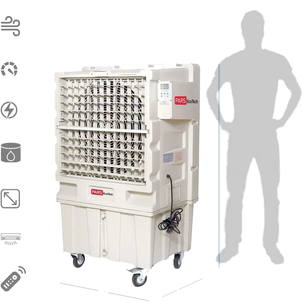 Climatizador evaporativo ECO-12000 junto a la silueta de una persona, con iconos de especificaciones y líneas de medida