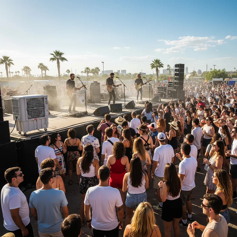 Climatizador evaporativo ECO-15000 junto a un escenario de concierto al aire libre con mucho público