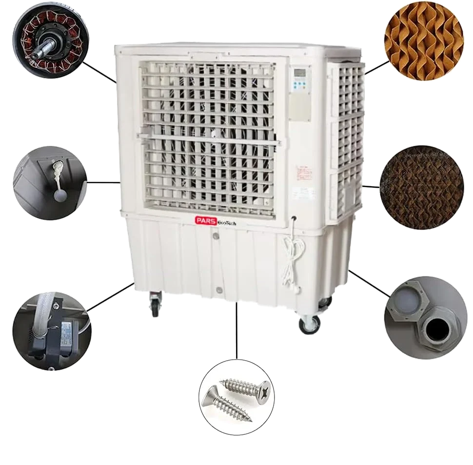 Climatizador evaporativo ECO-15000 visto por detrás con siete fotos de detalle en círculos