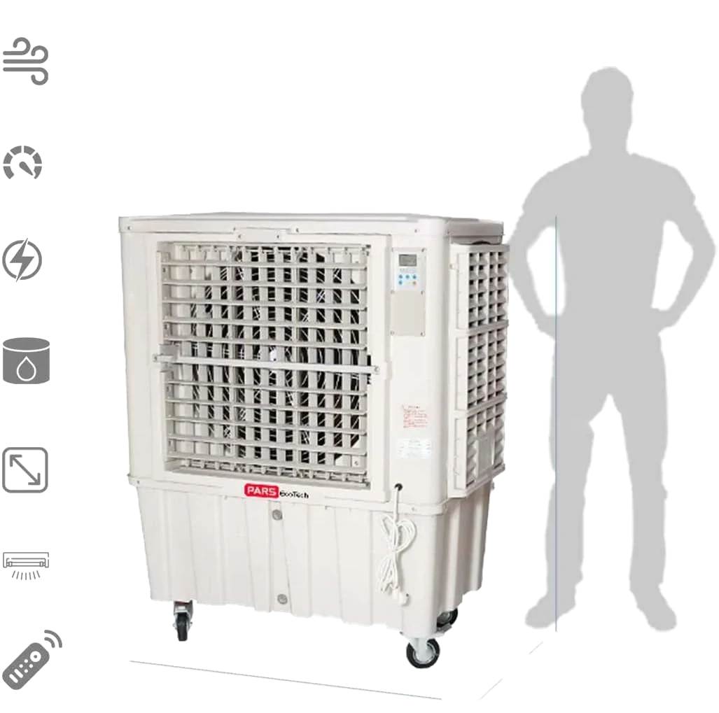 Climatizador evaporativo ECO-15000 junto a la silueta de una persona, con iconos de especificaciones y líneas de medida