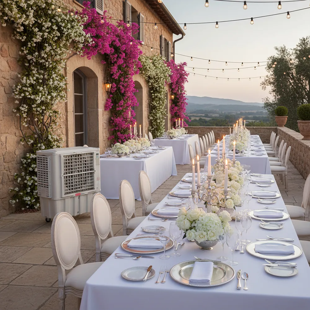 Climatizador evaporativo ECO-15000 junto a una larga mesa de banquete con flores en un patio con buganvilla