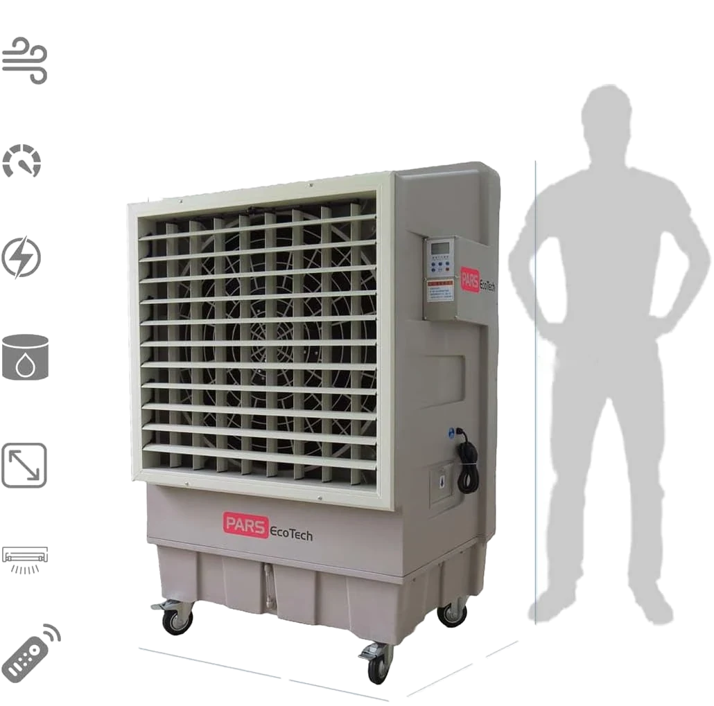 کولر تبخیری ECO-18000 در کنار سیلوئت یک انسان، با آیکون‌های مشخصات و خطوط اندازه‌گیری