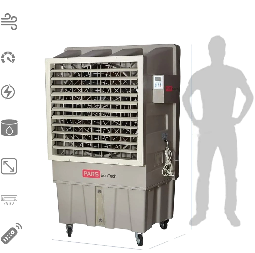 کولر تبخیری ECO-22000 در کنار سیلوئت یک انسان، با آیکون‌های مشخصات و خطوط اندازه‌گیری