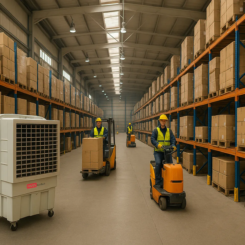 Climatizador evaporativo ECO-26000 en un almacén con estanterías altas y dos carretilleros moviendo cajas de cartón