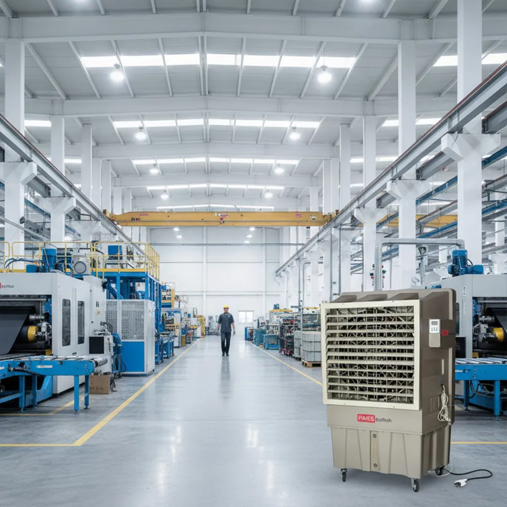 Climatizador evaporativo ECO-26000 en una gran nave industrial con maquinaria, puente grúa y un operario al fondo