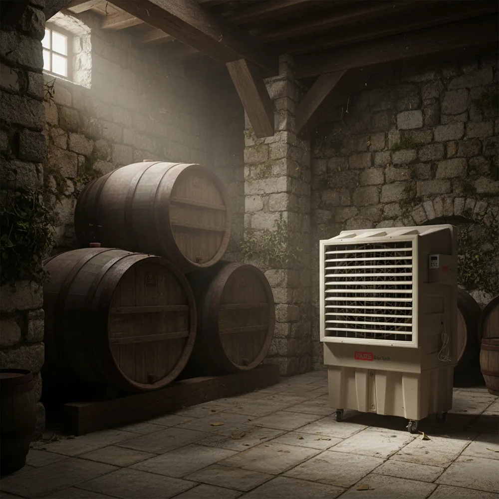 Climatizador evaporativo ECO-26000 en una bodega de piedra junto a grandes barricas de madera