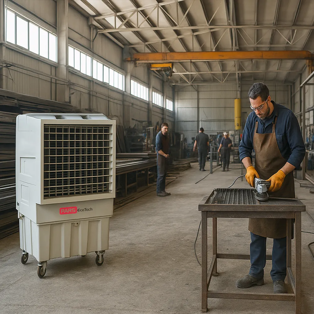 Climatizador evaporativo ECO-26000 en un taller metalúrgico junto a un operario trabajando en un banco