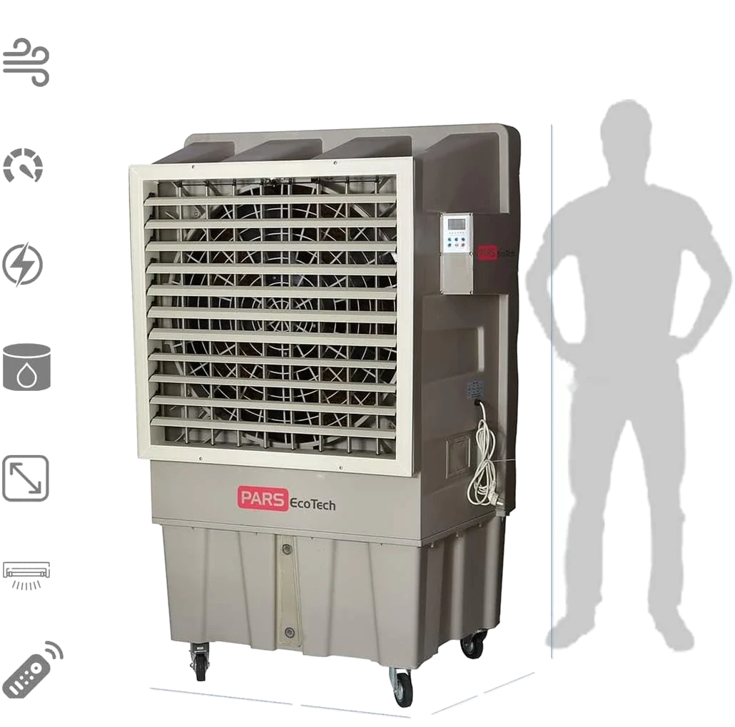 Climatizador evaporativo ECO-26000 junto a la silueta de una persona, con iconos de especificaciones y líneas de medida