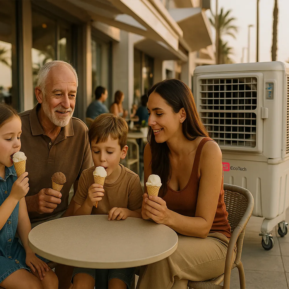Climatizador evaporativo ECO-9000 junto a una mesa donde un abuelo, una madre y un niño toman un helado