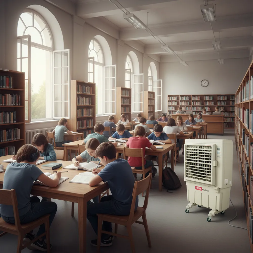 Climatizador evaporativo ECO-9000 en una biblioteca con ventanales en arco y alumnos sentados en mesas