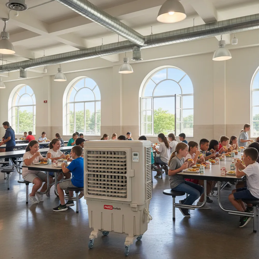 Climatizador evaporativo ECO-9000 en un comedor escolar con ventanales en arco y alumnos en mesas largas