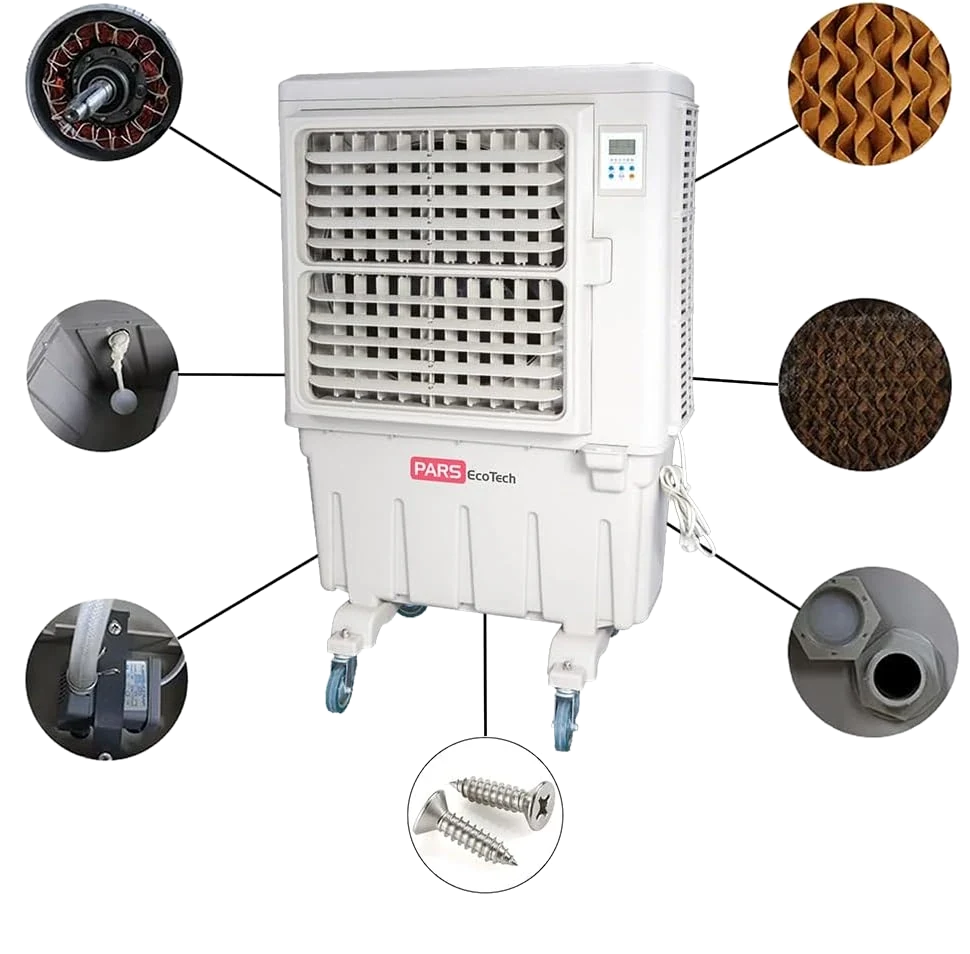 Climatizador evaporativo ECO-9000 visto por detrás con siete fotos de detalle en círculos