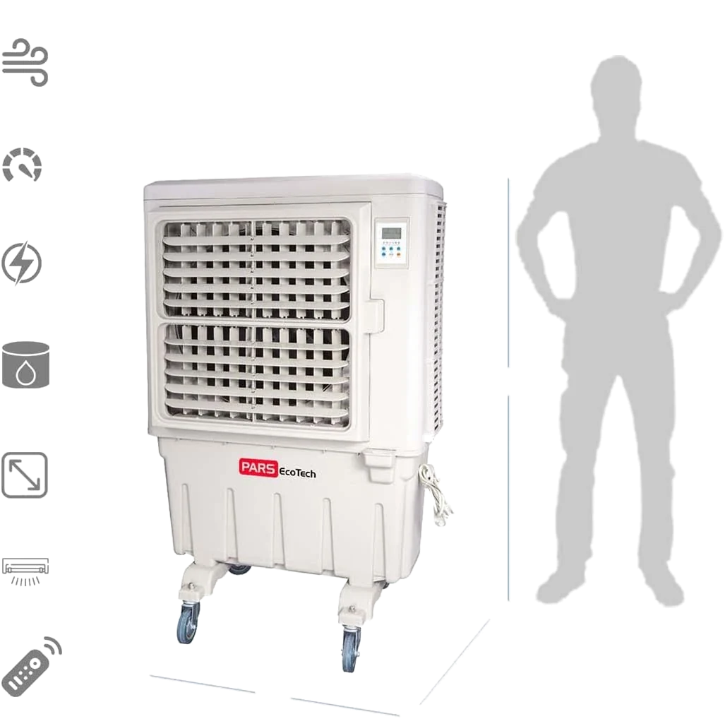 Climatizador evaporativo ECO-9000 junto a la silueta de una persona, con iconos de especificaciones y líneas de medida