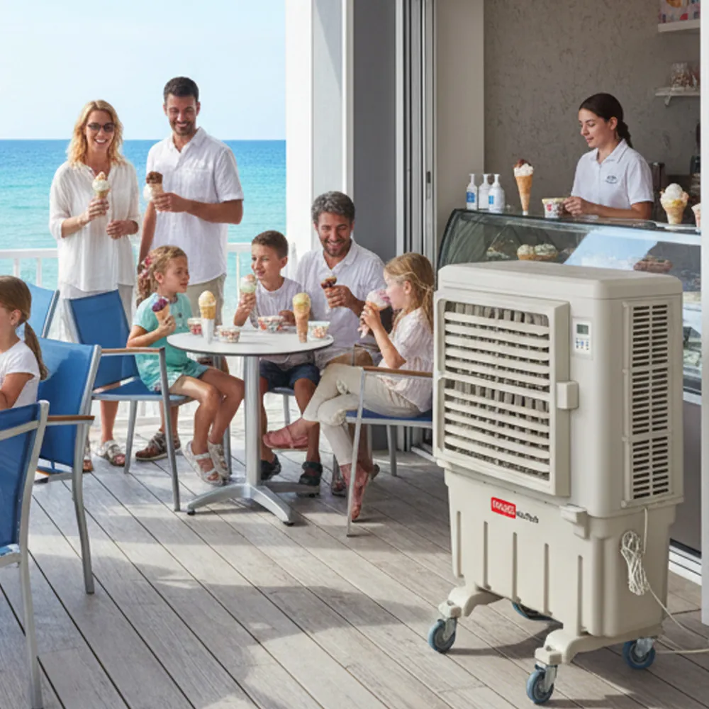 Climatizador evaporativo ECO-9000 en una terraza frente al mar con una familia sentada a una mesa