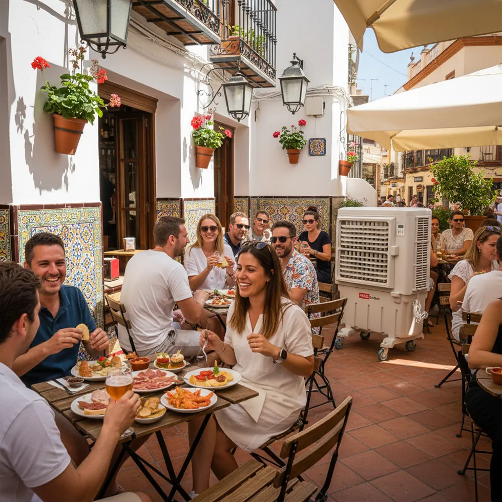 Climatizador evaporativo ECO-9000 en una terraza con farolas y macetas donde un grupo de amigos come pizza