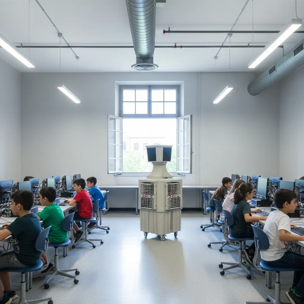 Climatizador evaporativo ECOlounge-6000 en un aula de informática con alumnos sentados ante los ordenadores