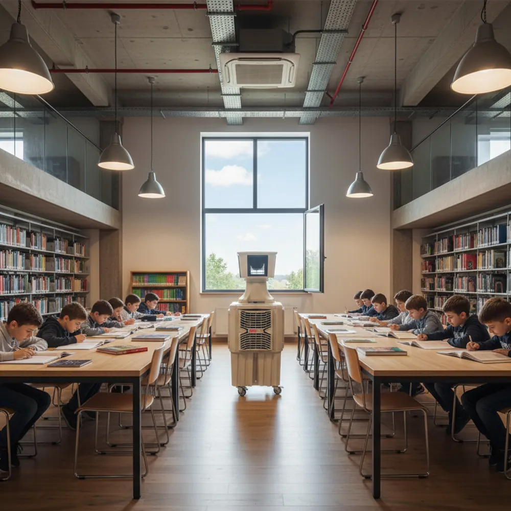 Climatizador evaporativo ECOlounge-6000 en una biblioteca escolar con estanterías de libros y alumnos sentados en mesas