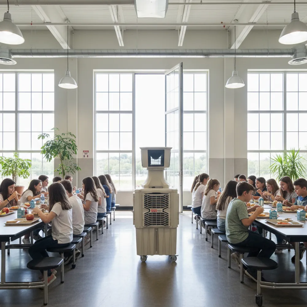 Climatizador evaporativo ECOlounge-6000 en un comedor escolar con grandes ventanales y alumnos en mesas largas