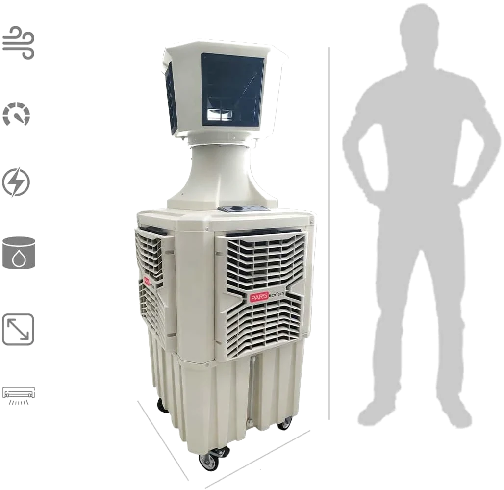 Climatizador evaporativo ECOlounge-6000 junto a la silueta de una persona, con iconos de especificaciones y líneas de medida