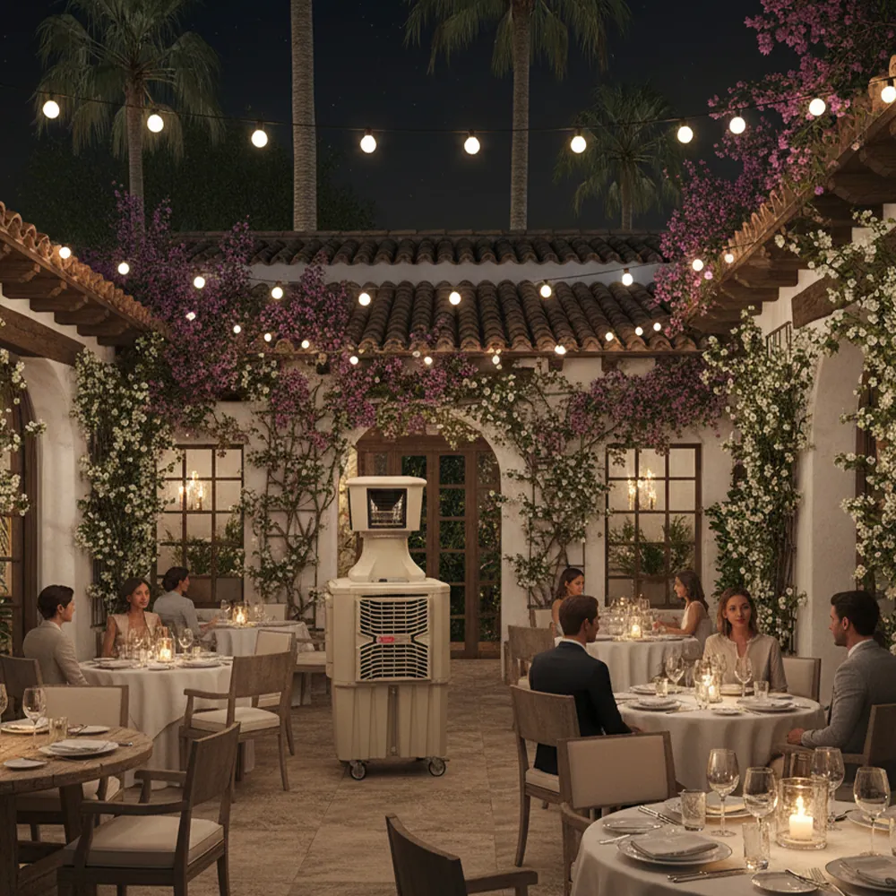 Climatizador evaporativo ECOlounge-6000 en un patio de restaurante de noche con luces, plantas trepadoras y mesas con clientes
