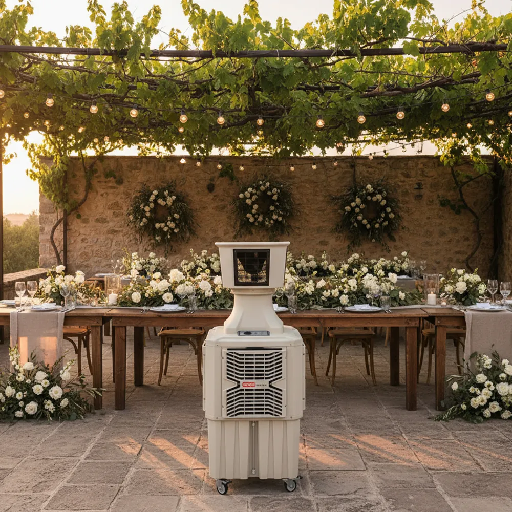 Climatizador evaporativo ECOlounge-6000 en una terraza con pérgola de vid y una mesa larga decorada con flores