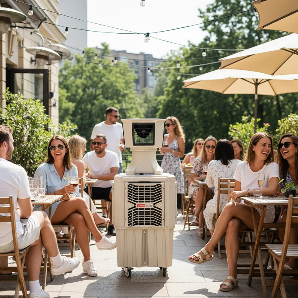 Climatizador evaporativo ECOlounge-6000 en una terraza con sombrillas donde un grupo de amigos conversa