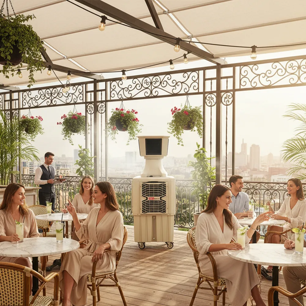 Climatizador evaporativo ECOlounge-6000 en una terraza cubierta con barandilla de forja y clientes en mesas redondas