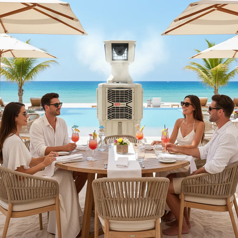 Climatizador evaporativo ECOlounge-6000 en una terraza de playa con una pareja sentada a una mesa bajo sombrillas