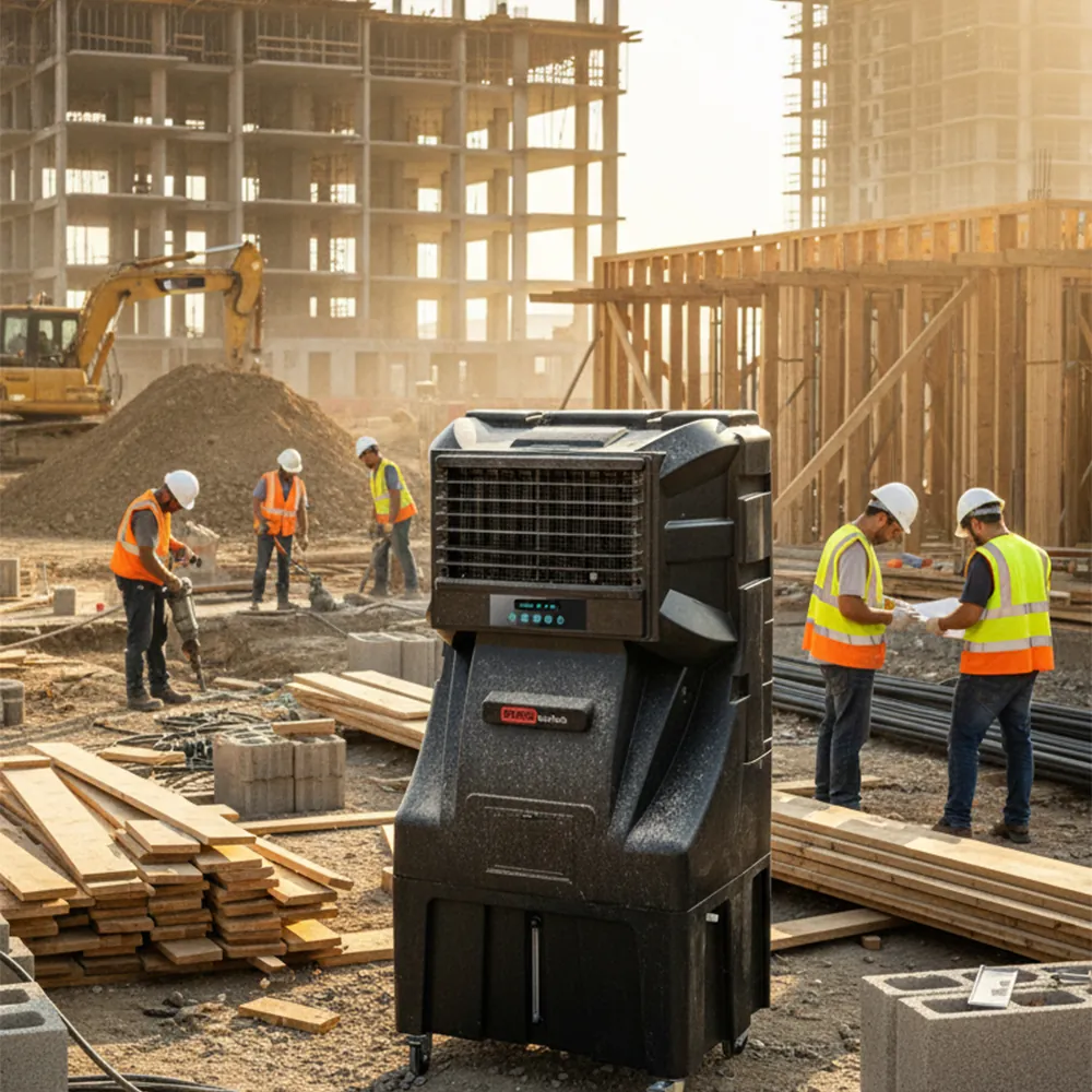 Climatizador evaporativo ECOsport-23000 en una obra de construcción con operarios con casco y madera apilada