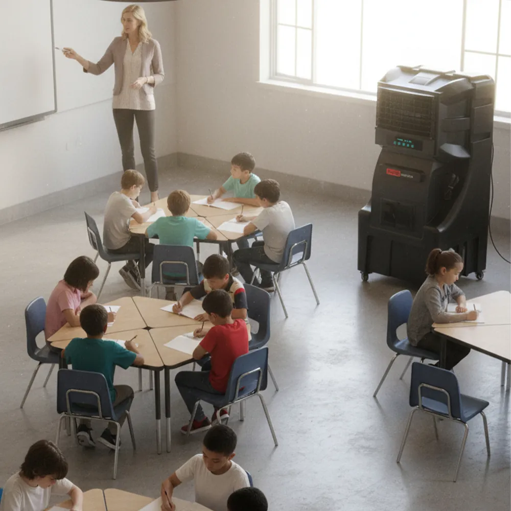 Climatizador evaporativo ECOsport-6000 en un aula de primaria con niños sentados en mesas y una profesora
