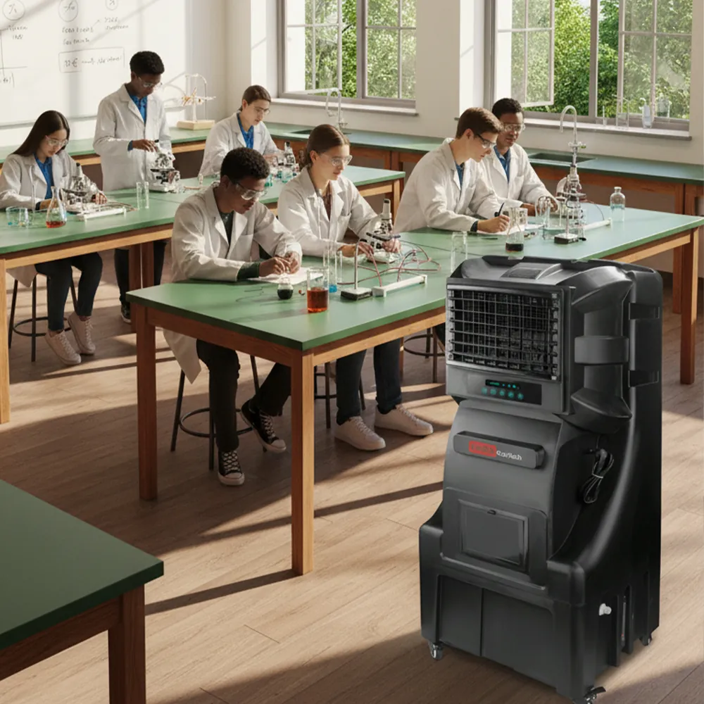 Climatizador evaporativo ECOsport-6000 en un laboratorio escolar con alumnos junto a las mesas de trabajo