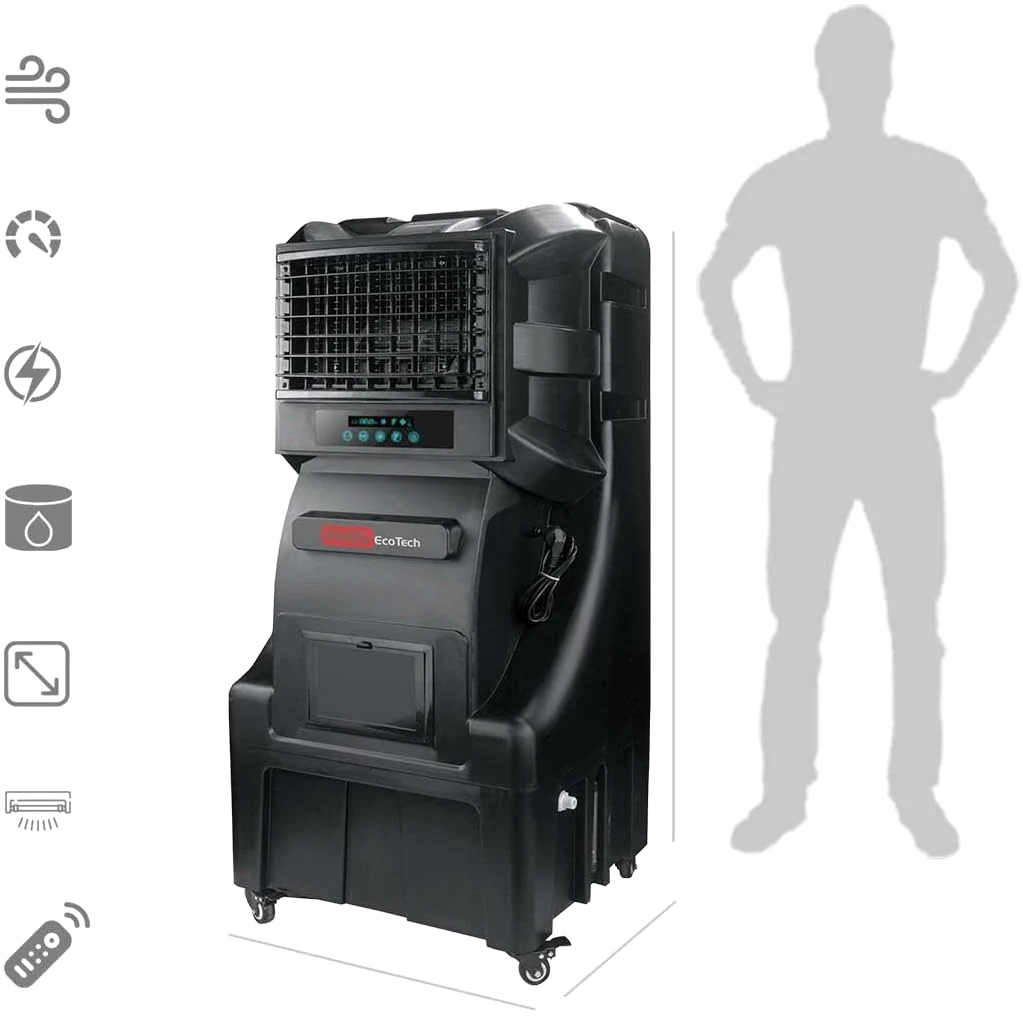 Climatizador evaporativo ECOsport-6000 junto a la silueta de una persona, con iconos de especificaciones y líneas de medida
