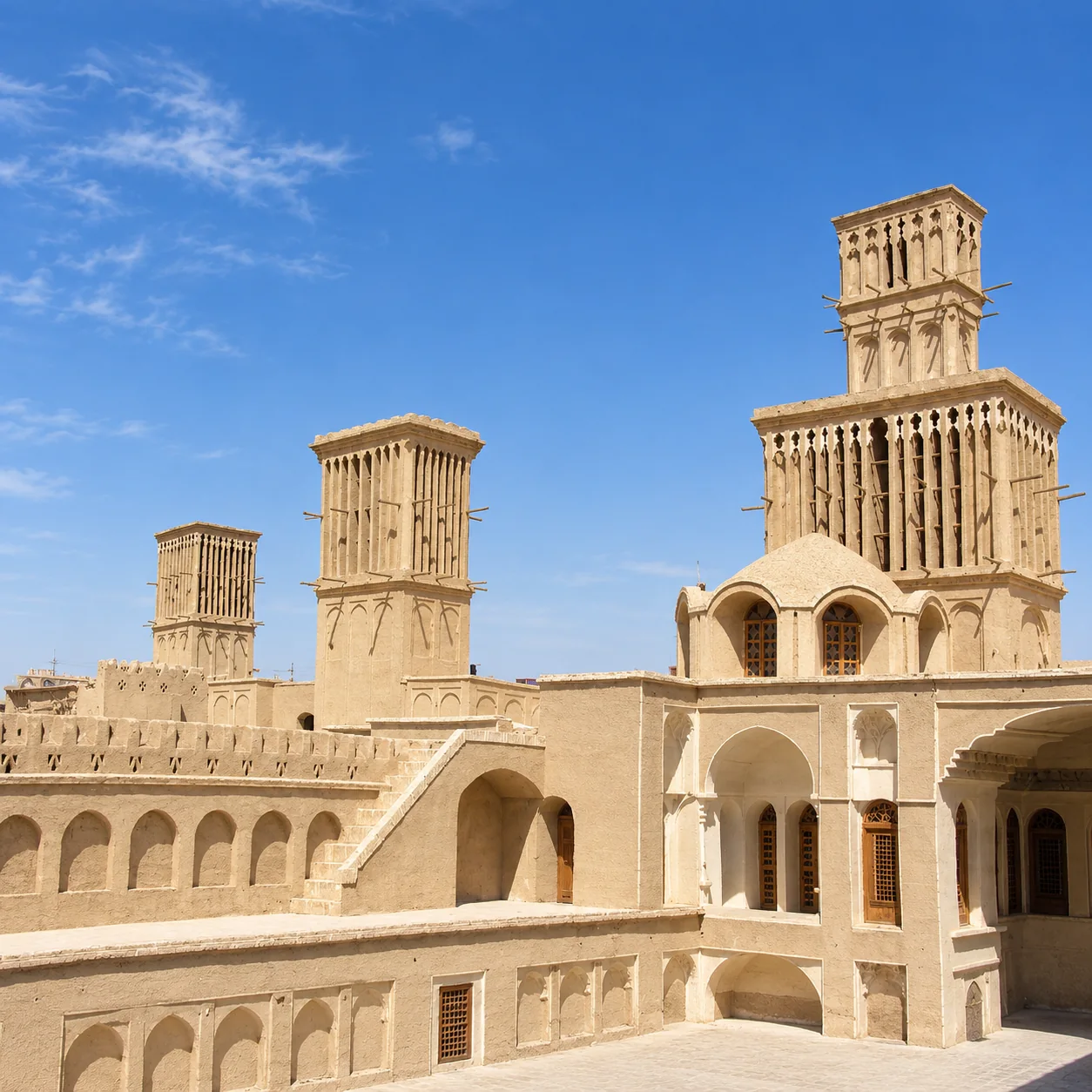 بادگیرهای خشتی بالای یک خانهٔ سنتی در یزد، ایران، با آسمان آبی در پس‌زمینه